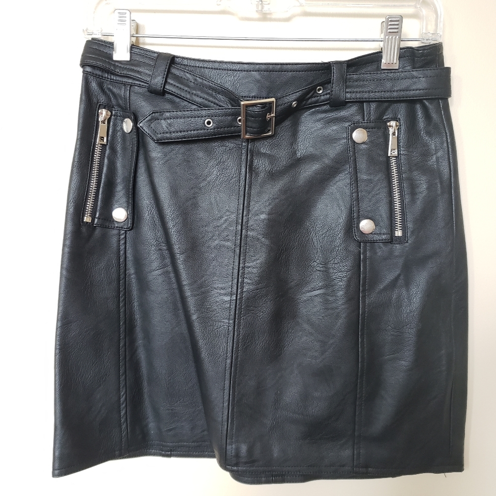 Topshop Black Faux Leather Belted Mini Skirt UK6